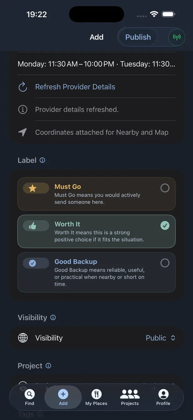 Go-To List app screenshot showing Add