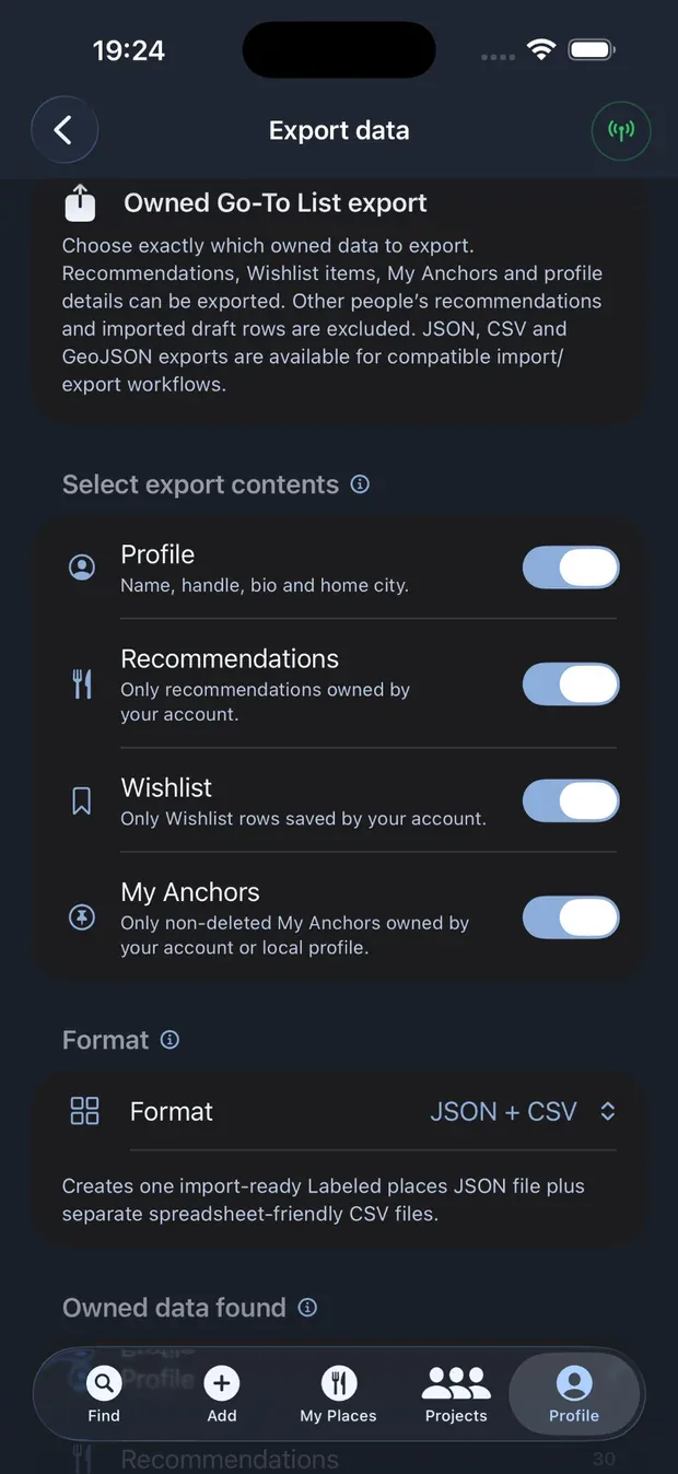Go-To List app screenshot showing Export data