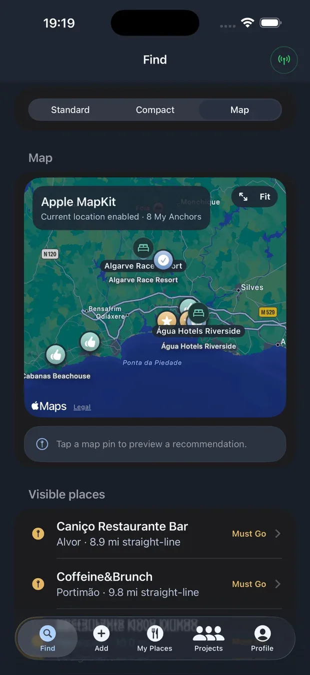 Go-To List app screenshot showing Find map