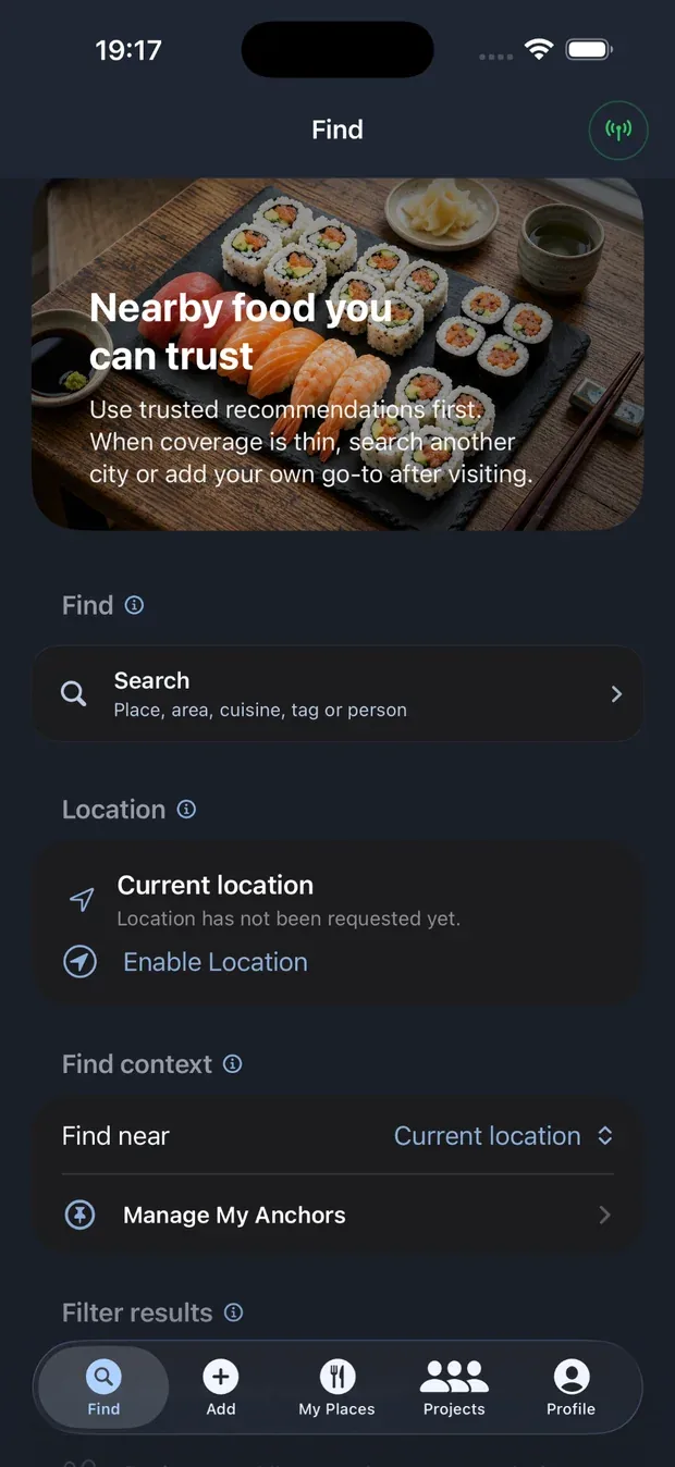 Go-To List app screenshot showing Find