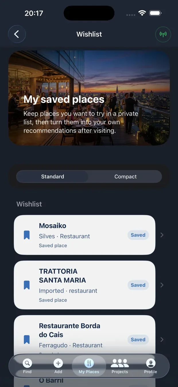 Go-To List app screenshot showing My Places